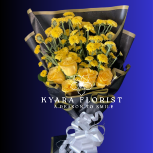 Luxury yellow rose and chrysanthemum bouquet with black gold wrap and white ribbon.