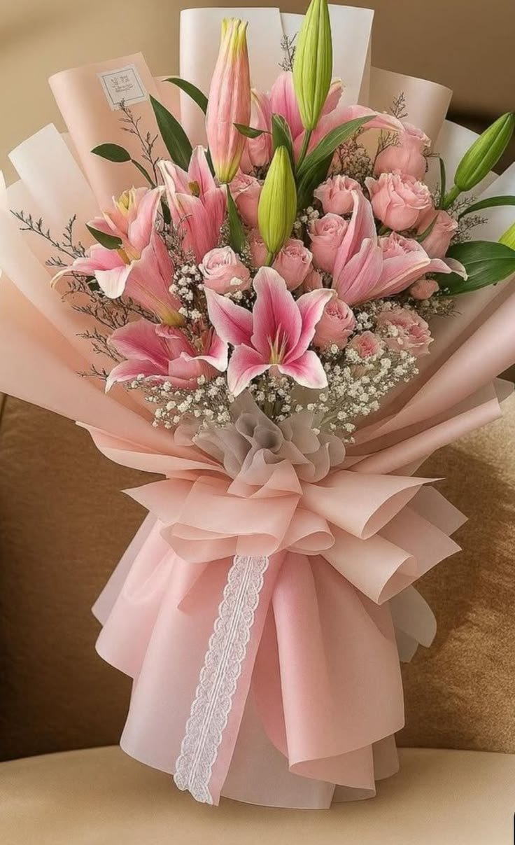 Fresh Asiatic white lilies and pink carnations bouquet in Ahmedabad